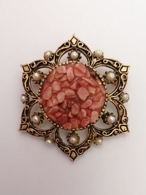 Vintage 60s Coral Chip Goldtone Filigree Faux Seed Pearls Brooch